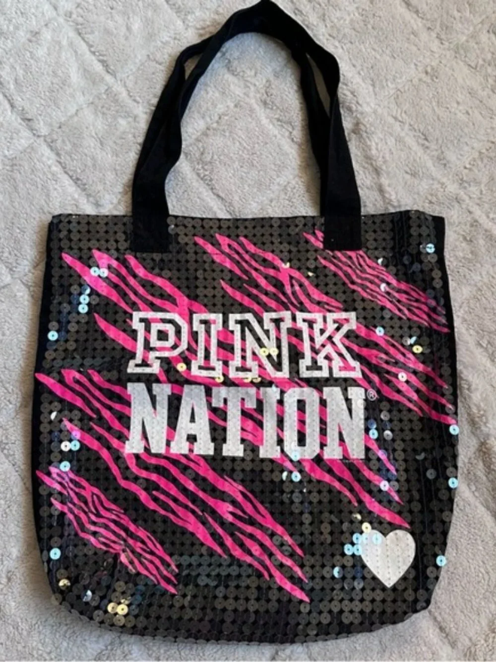 Victoria's Secret PINK | "PINK NATION" Black and Pink Zebra Sequin Tote Bag - Picture 3 of 10